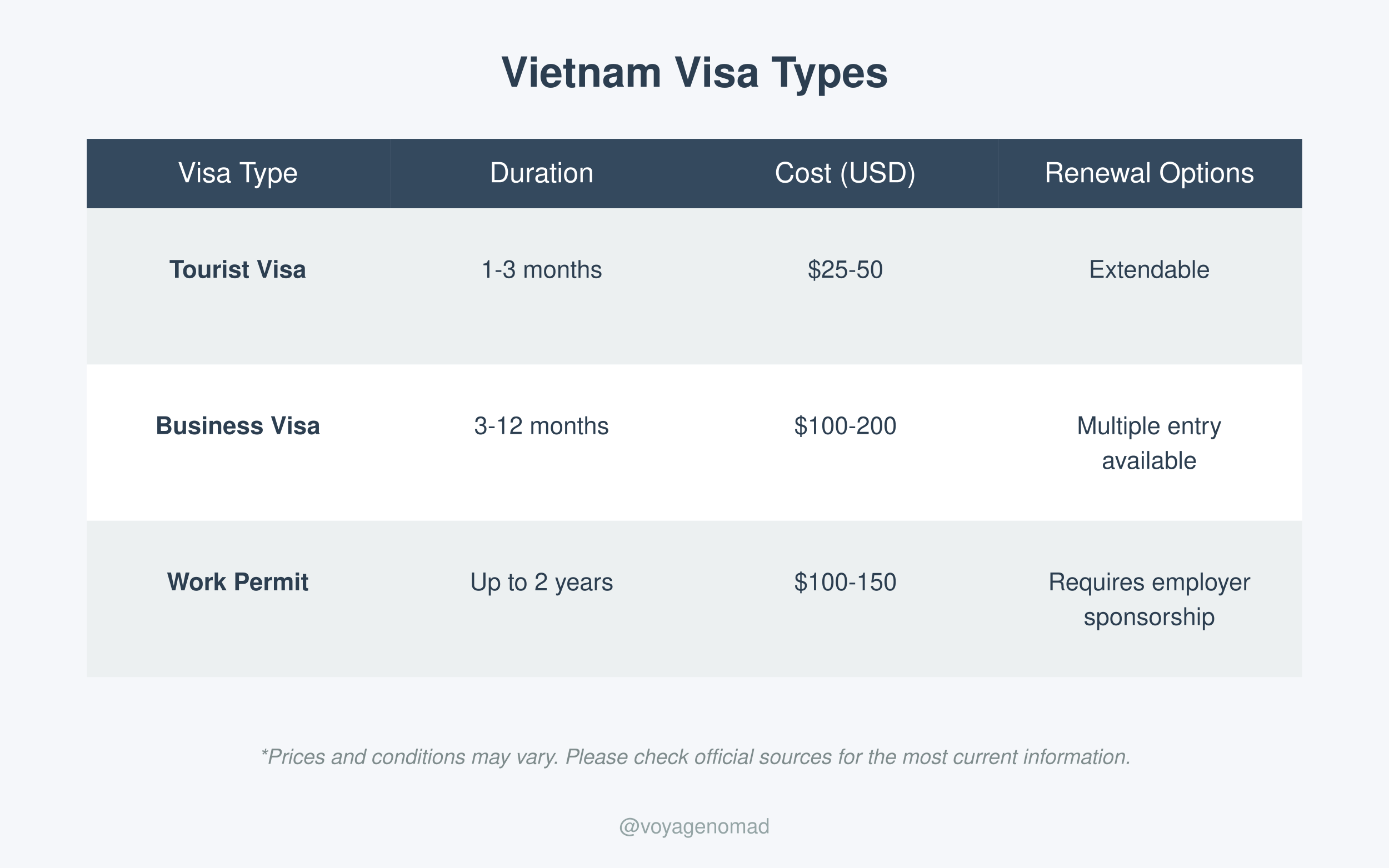 Visa Types and Options Table